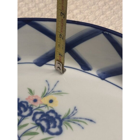 Ceramic Oval Serving Baking Dish Floral Peonies Design Blue Lattice 10" 2.5" - Picture 5 of 7